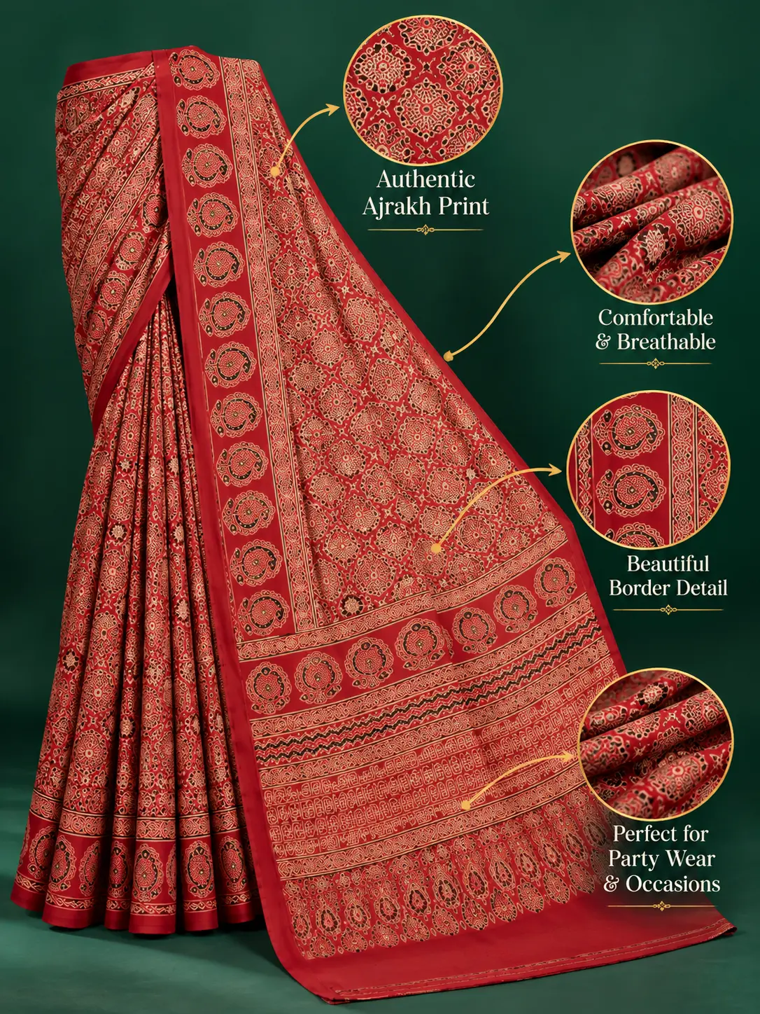 Crimson Red Authentic Ajrakh Print Saree| Kancholika - Image 5