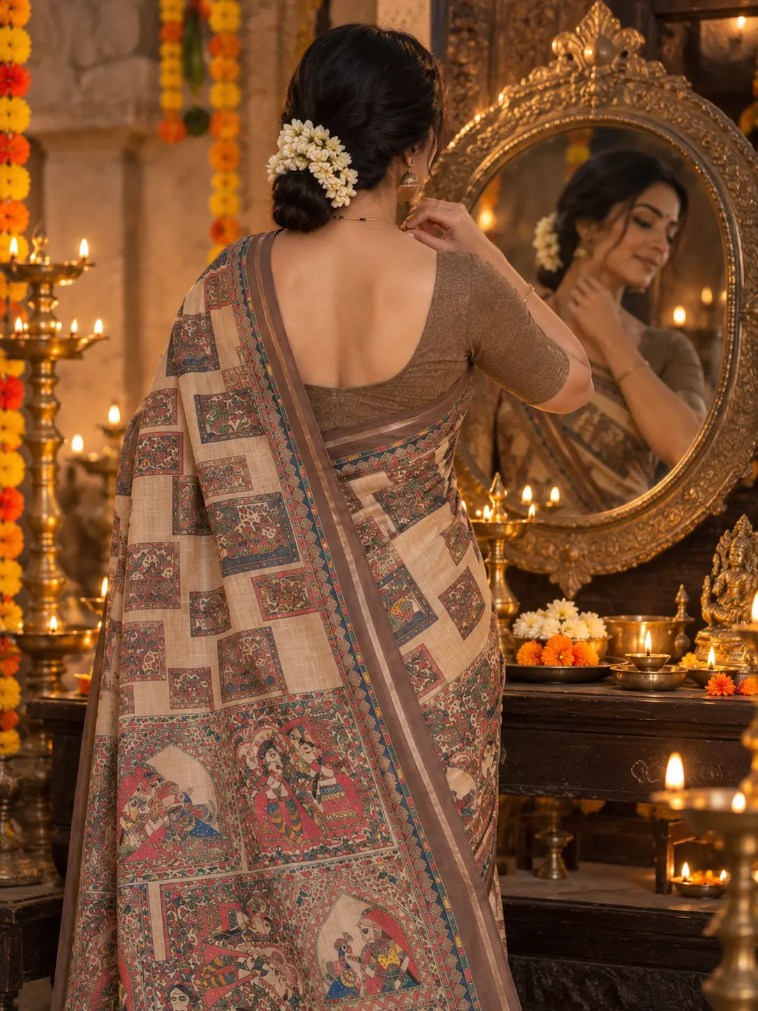 Beige Heritage Tushar Print Silk Madhubani Art Saree |Kancholika - Image 4