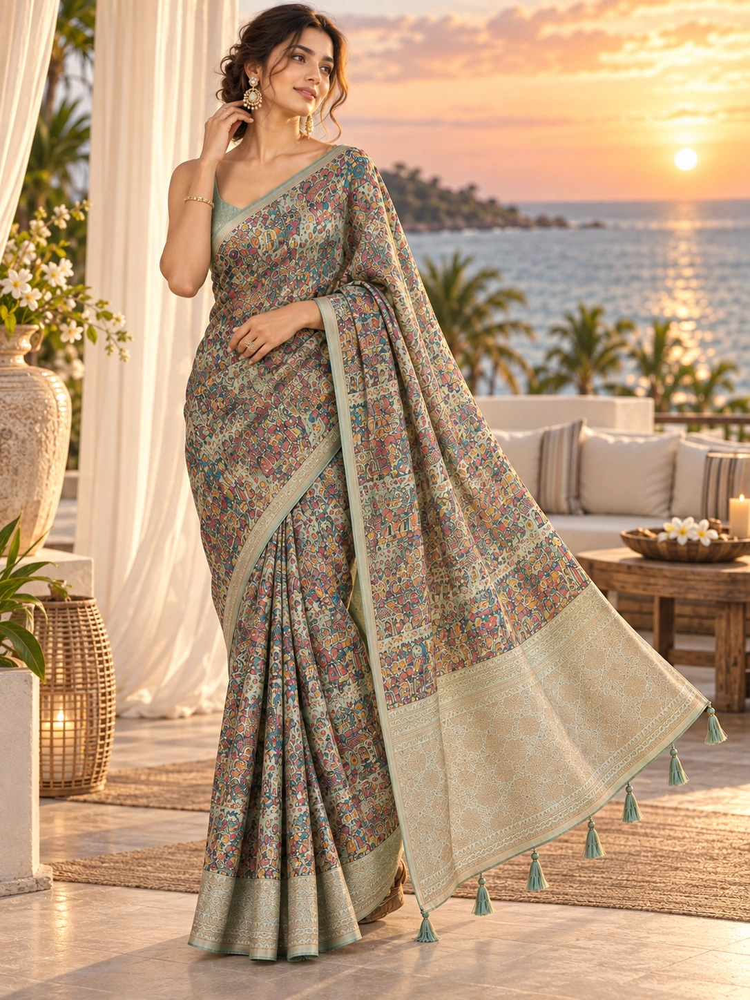 Sage Green Destination Print Silk-Chiffon Saree with Tassels| Kancholika - Image 4