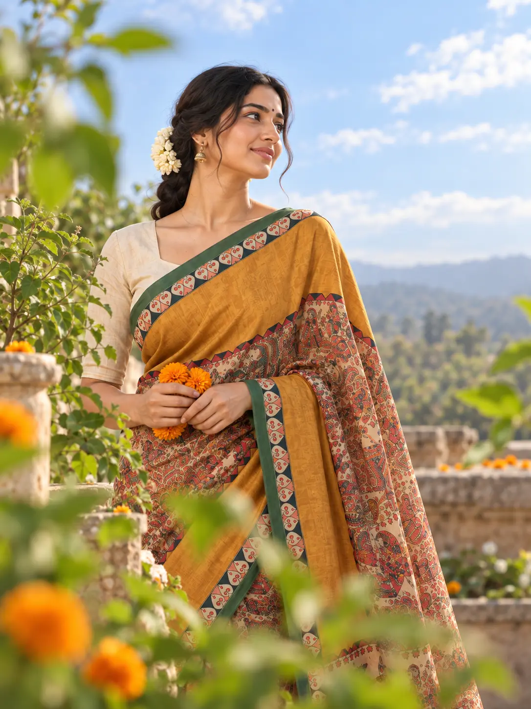 Kancholika Mustard & Green Handcrafted Handloom Khadi Tussar Saree| kancholika - Image 3