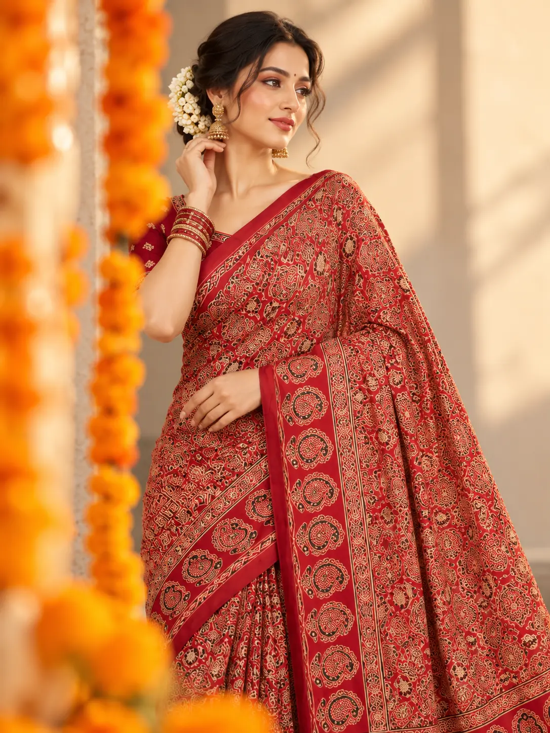 Crimson Red Authentic Ajrakh Print Saree| Kancholika - Image 2
