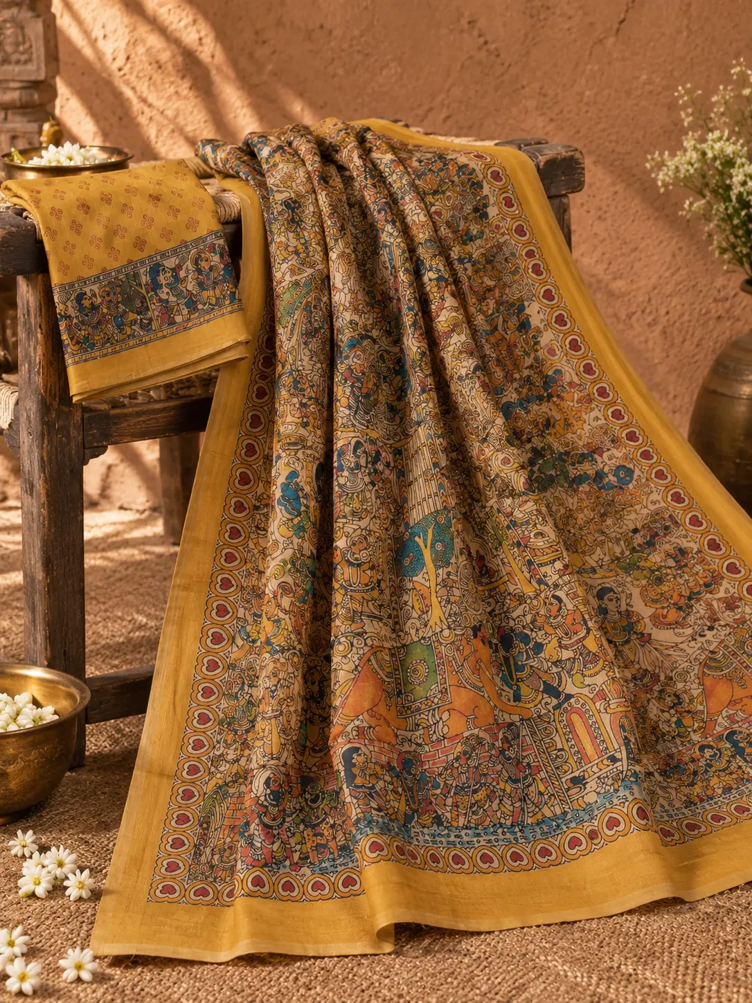 Mustard Yellow Handcrafted Khadi Tussar Saree with Traditional Motifs |Kancholika - Image 4