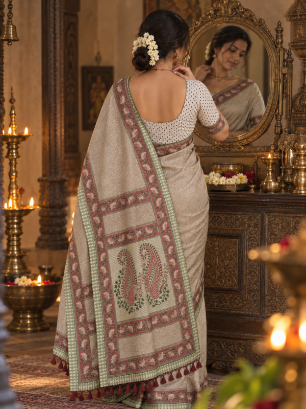 Beige & Veg Color Printed  Silk Madhubani Art Saree |Kancholika