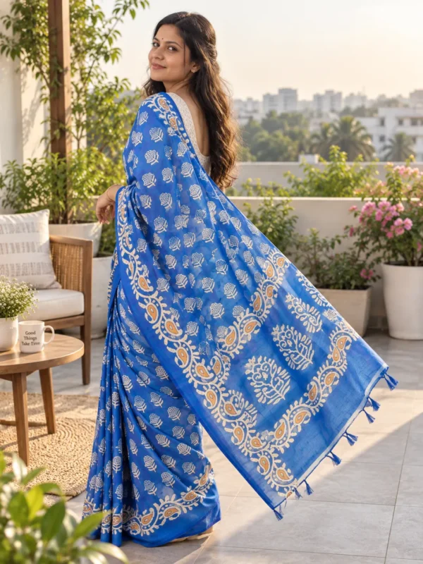 Royal Blue Cotton-Silk Saree with Botanical Prints & Tassels | Kancholika