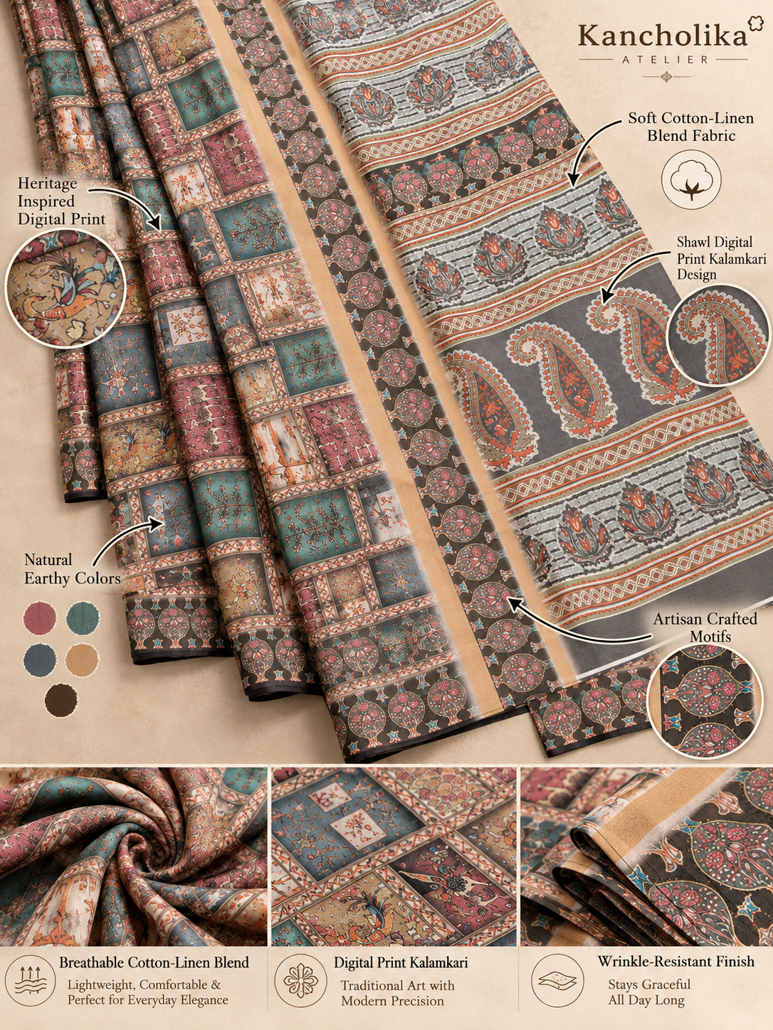 Charcoal & Rose Patchwork Print Madhubani Arts Satin Saree |Kancholika - Image 6