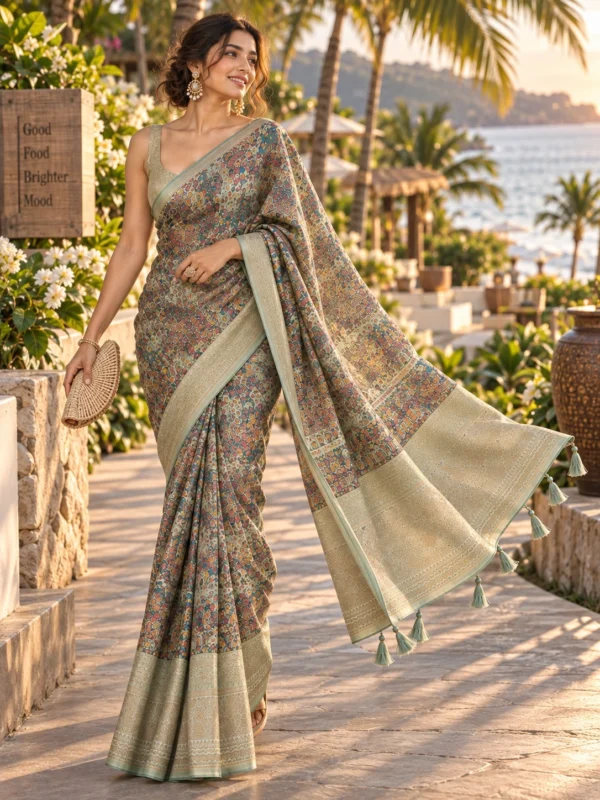 Sage Green Destination Print Silk-Chiffon Saree with Tassels| Kancholika