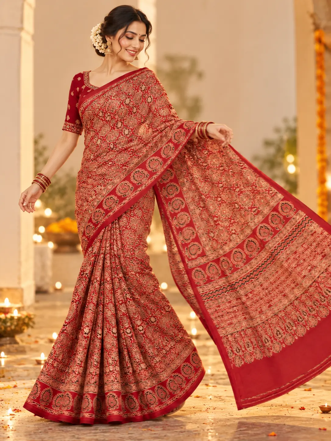 Crimson Red Authentic Ajrakh Print Saree| Kancholika - Image 3