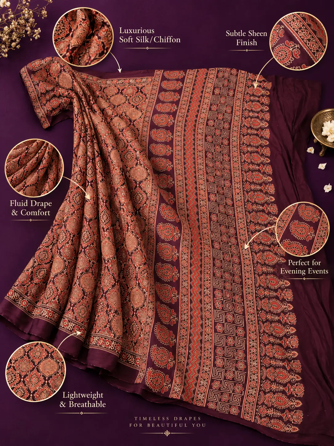 Royal Maroon Traditional Modal Silk Ajrakh Saree |Kancholika - Image 4