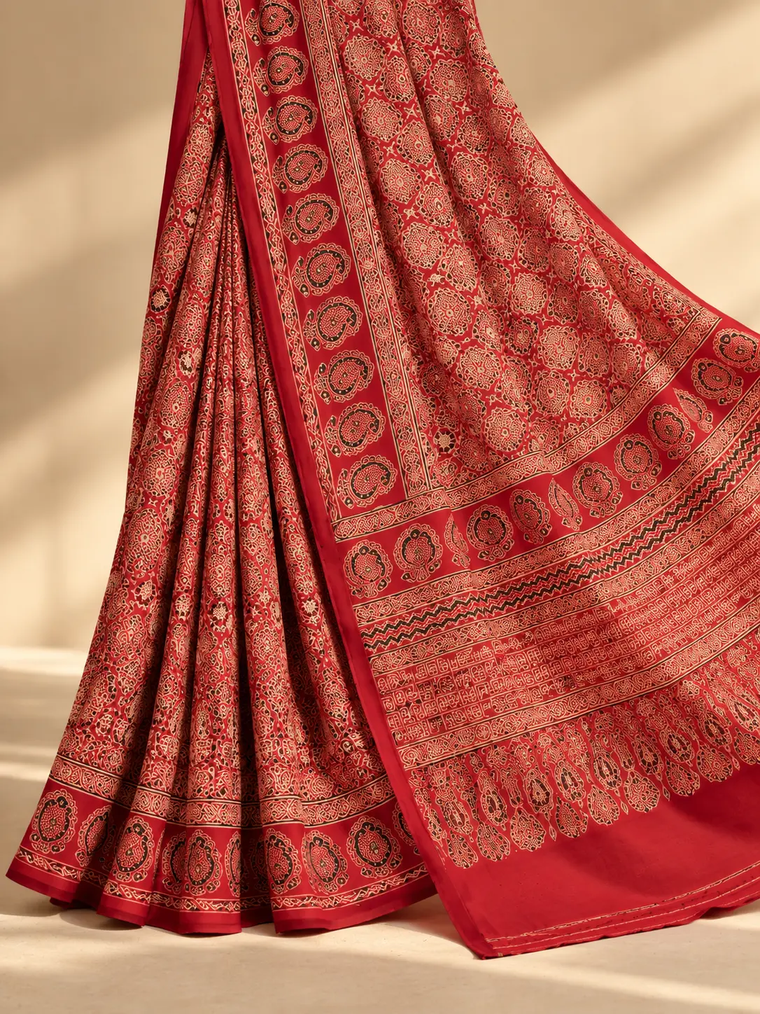 Crimson Red Authentic Ajrakh Print Saree| Kancholika - Image 6