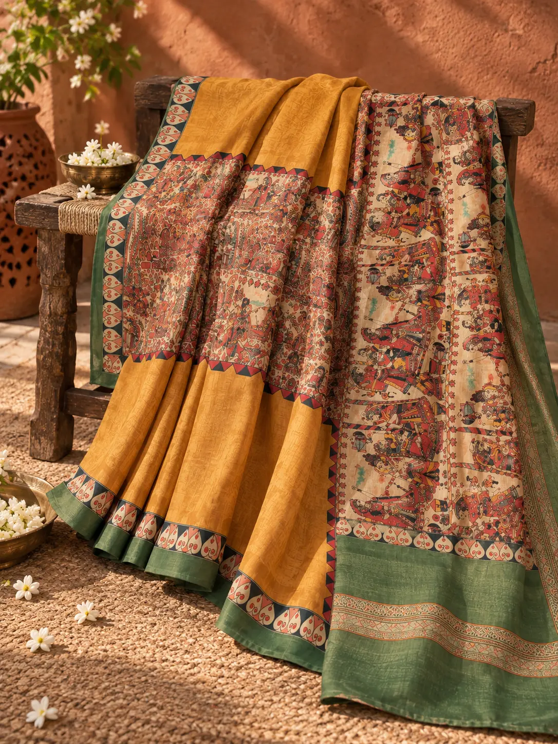 Kancholika Mustard & Green Handcrafted Handloom Khadi Tussar Saree| kancholika - Image 5