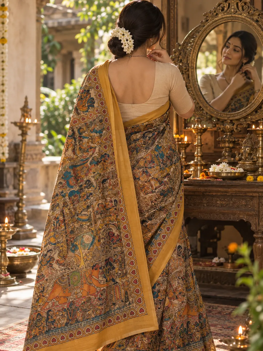 Mustard Yellow Handcrafted Khadi Tussar Saree with Traditional Motifs |Kancholika - Image 5