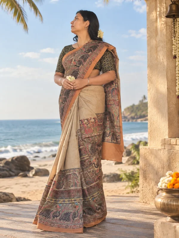 Earthy Beige Khadi Tussar Saree with Heritage Prints|Kancholika