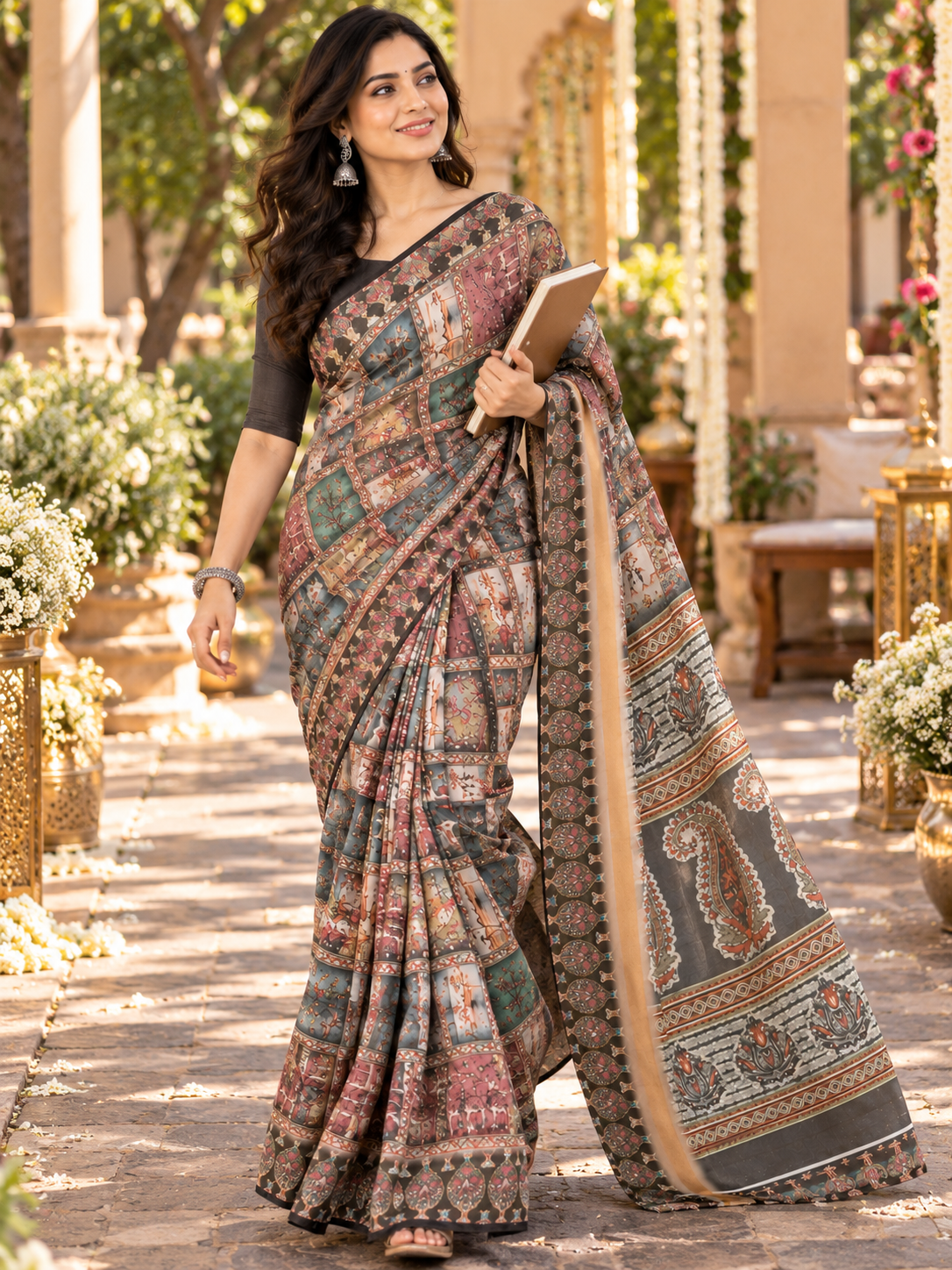 back wearing a charcoal and rose patchwork print satin saree with a dark blouse