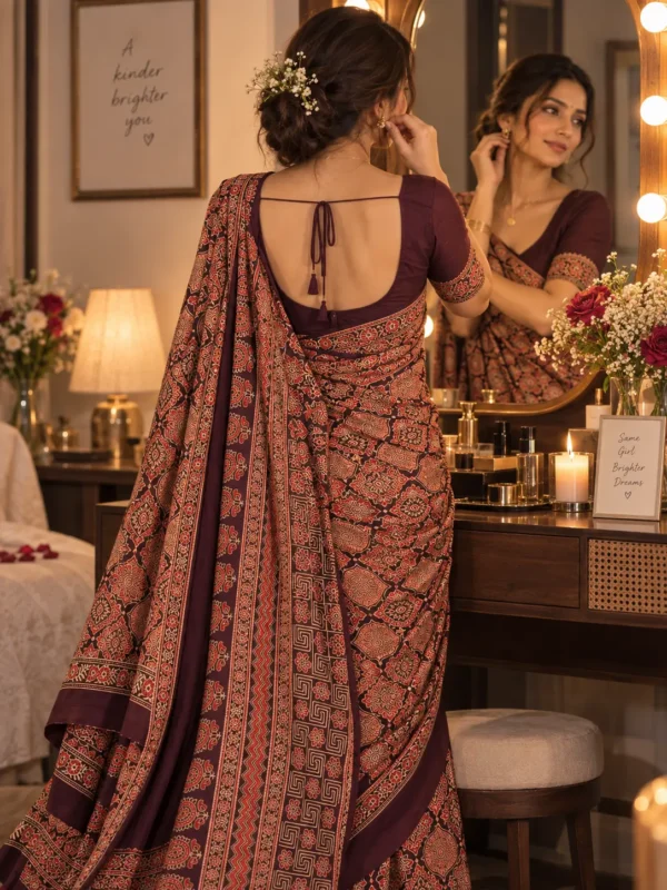 Royal Maroon Traditional Modal Silk Ajrakh Saree |Kancholika