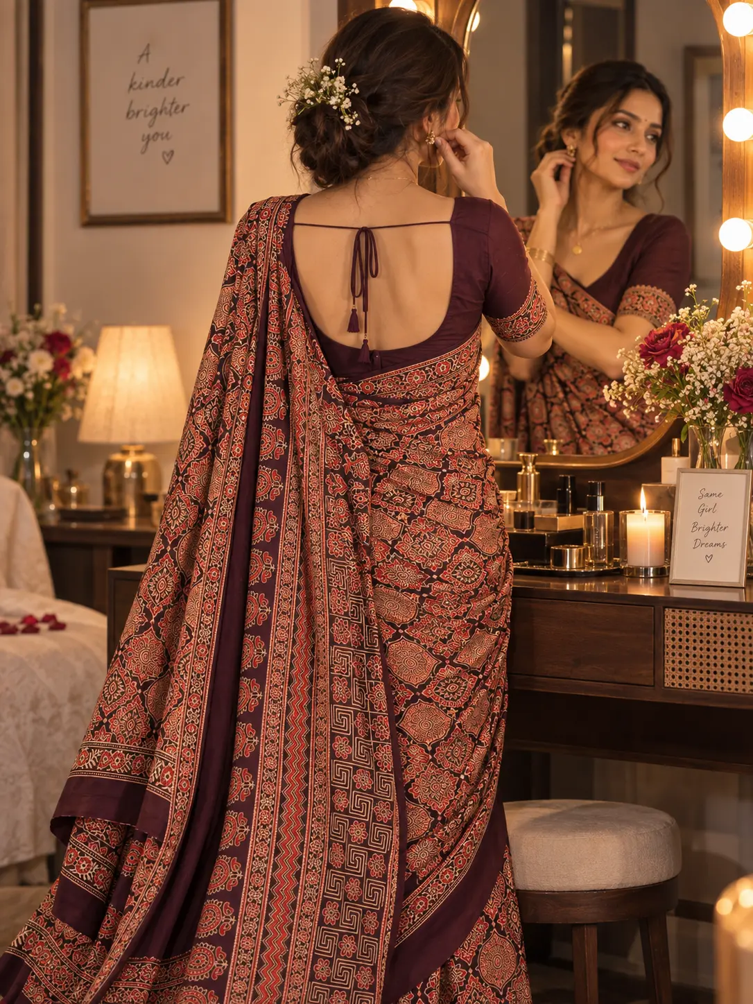 Ajrakh print satin saree with traditional patterns and a deep purple blouse, standing in front of a vanity mirror adorned with warm lights.