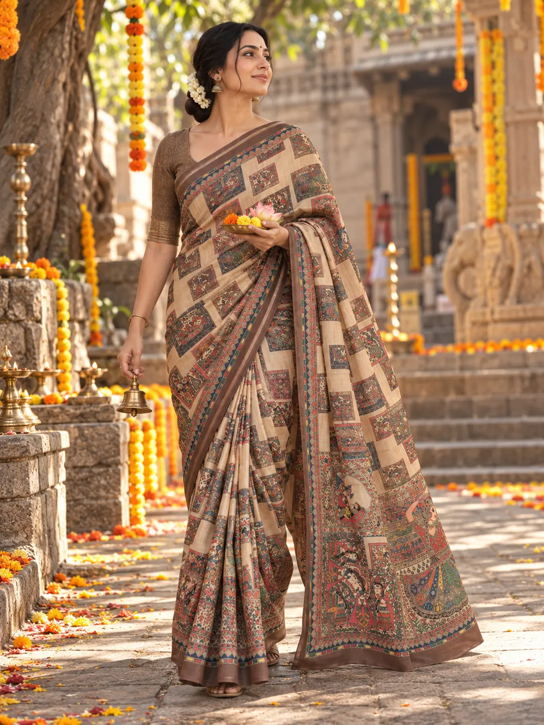 Kancholika beige multi-color heritage print saree, standing in front of a decorative mirror and brass lamps.