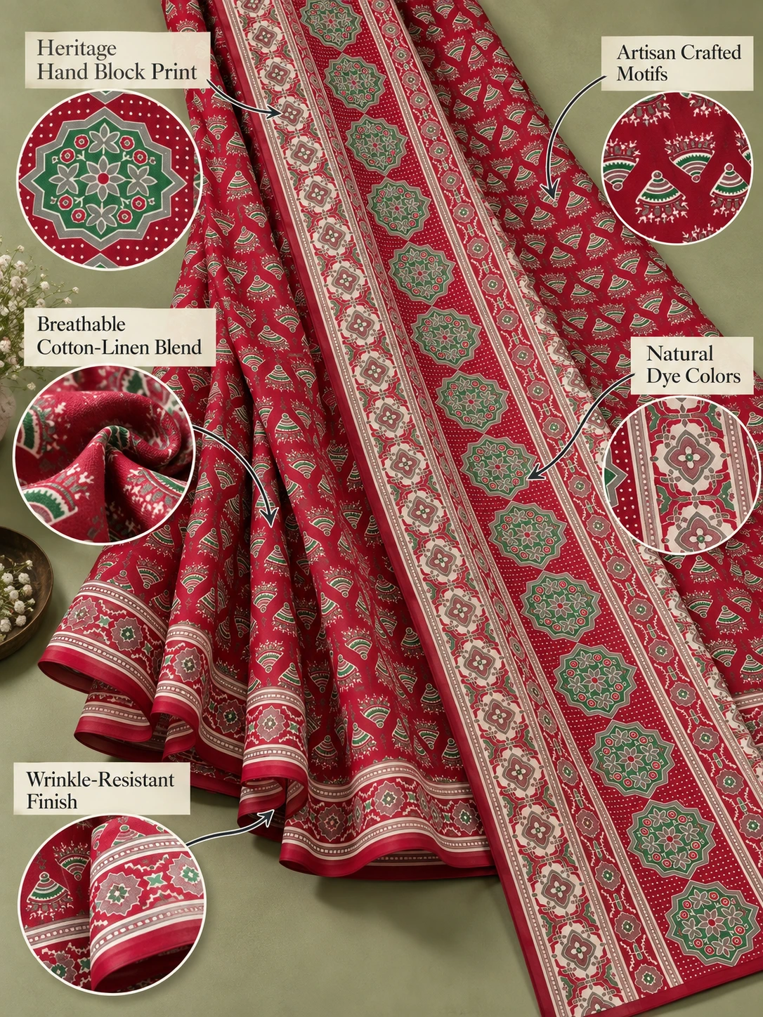 Rich Red & Green Block-Printed Cotton-Linen Saree | Kancholika - Image 6