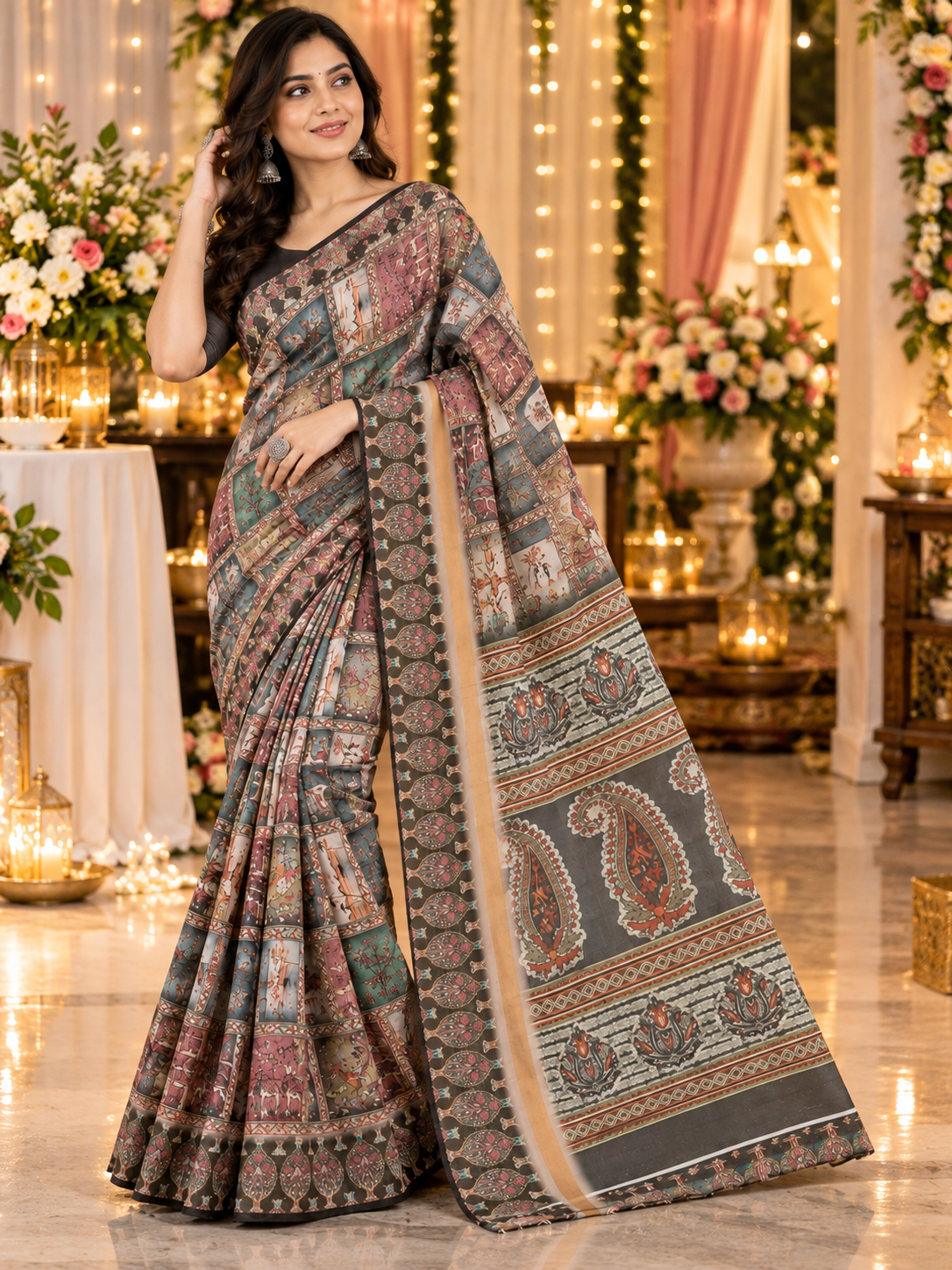 Charcoal & Rose Patchwork Print Madhubani Arts Satin Saree |Kancholika - Image 2