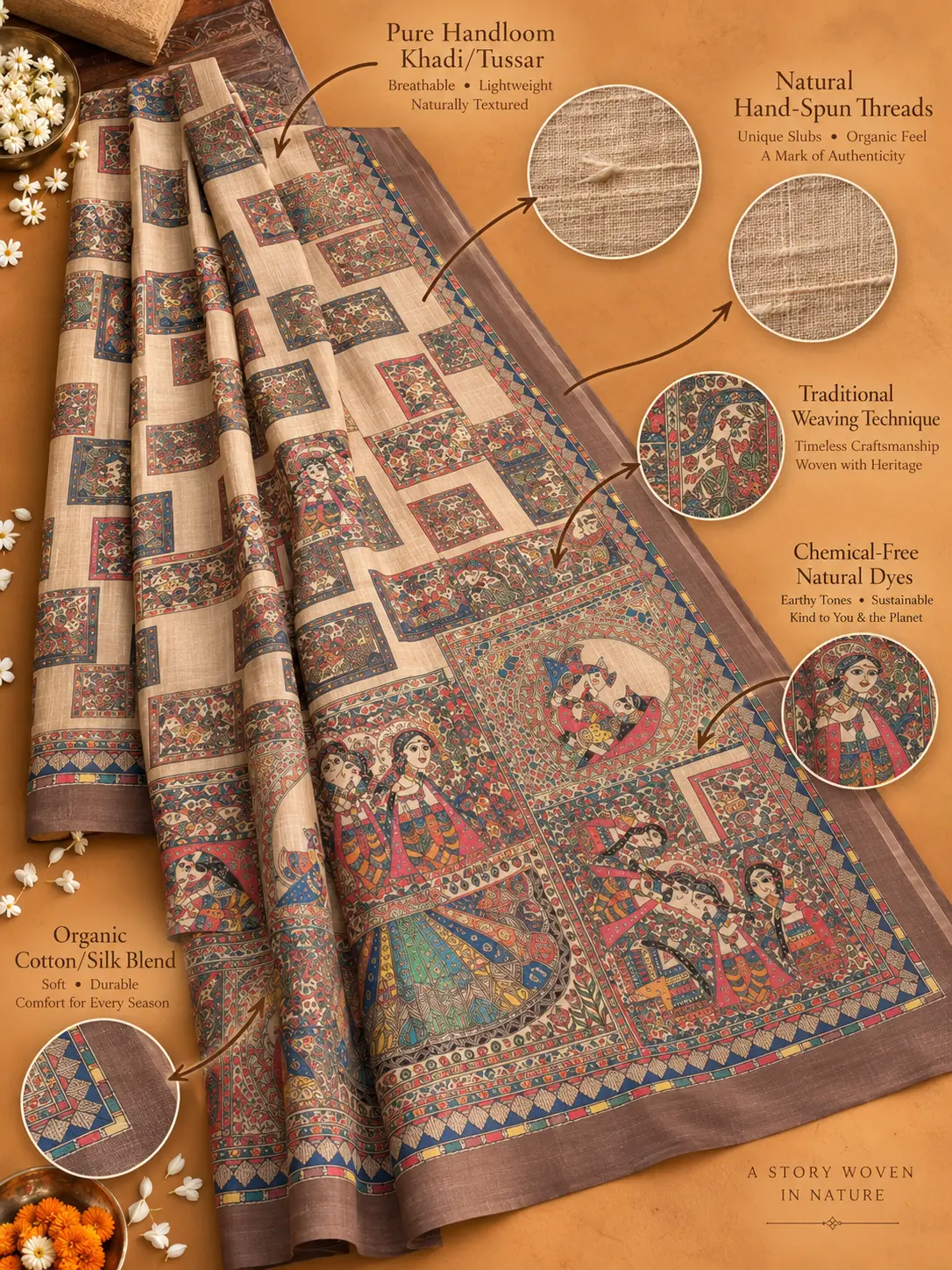 Beige Heritage Tushar Print Silk Madhubani Art Saree |Kancholika - Image 5