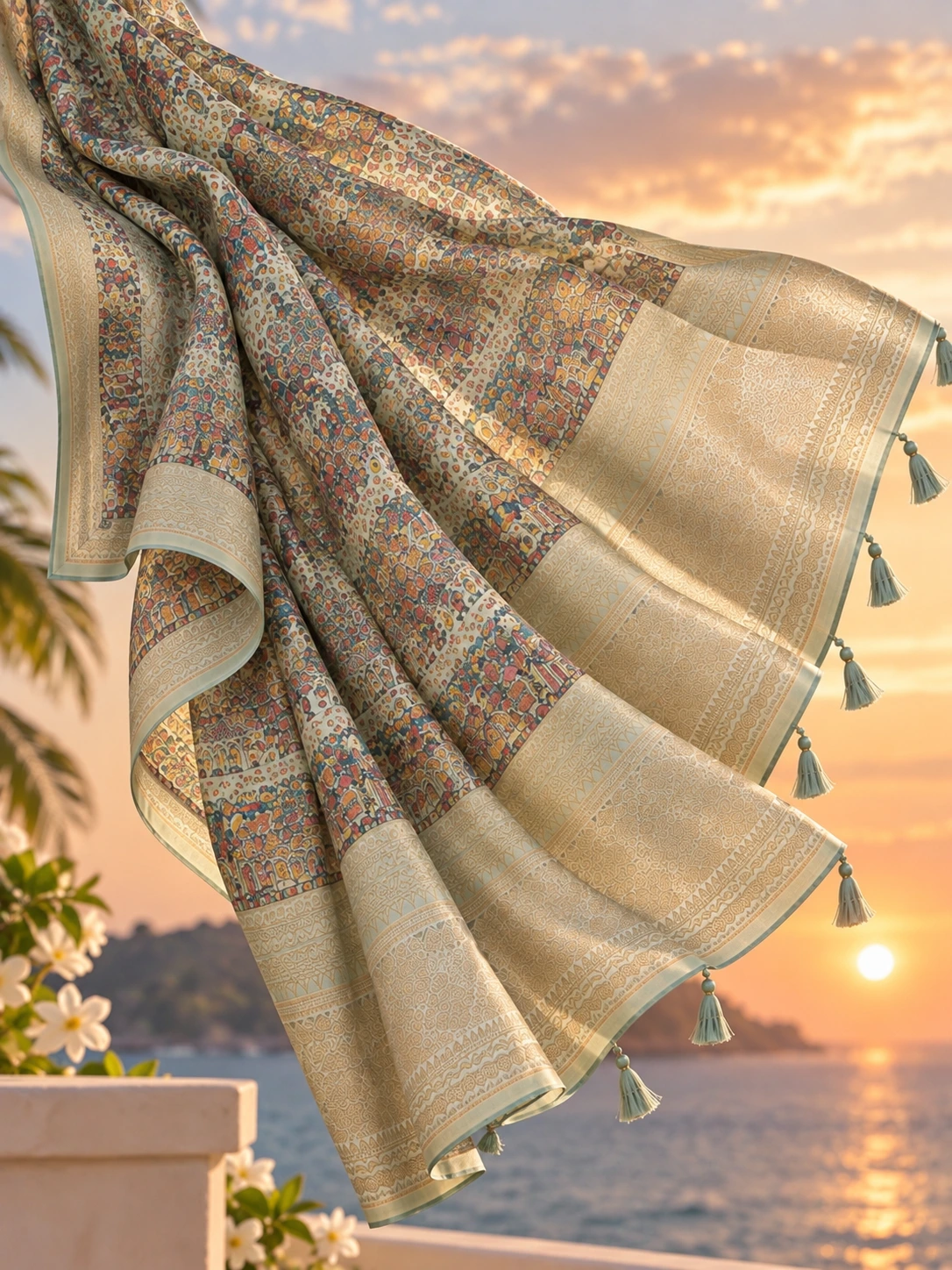 Sage Green Destination Print Silk-Chiffon Saree with Tassels| Kancholika - Image 3