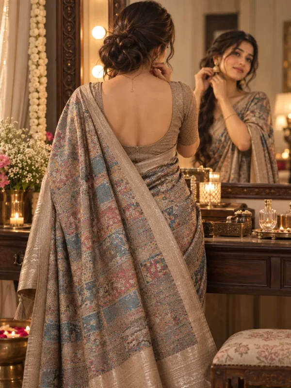 Beige Paneled Heritage Print Silk-Chiffon Saree with Tassels| Kancholika