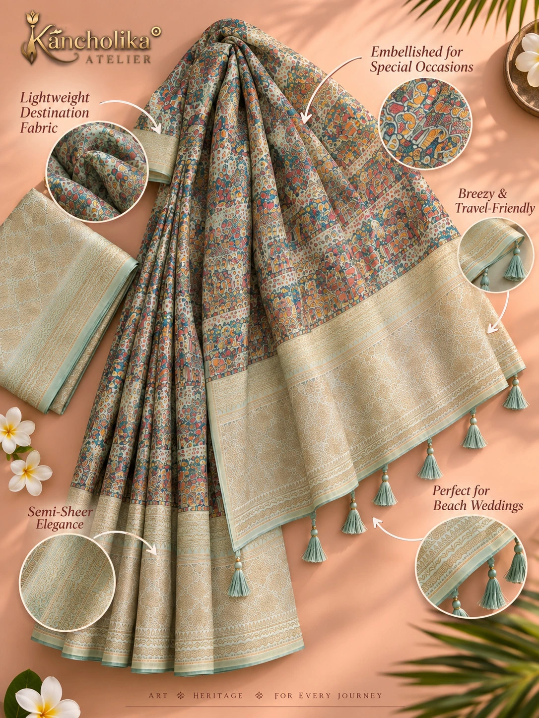 Sage Green Destination Print Silk-Chiffon Saree with Tassels| Kancholika - Image 5