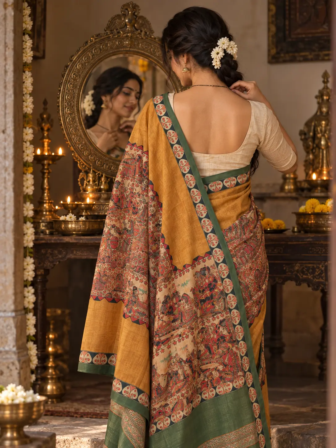 Kancholika Mustard & Green Handcrafted Handloom Khadi Tussar Saree| kancholika - Image 2