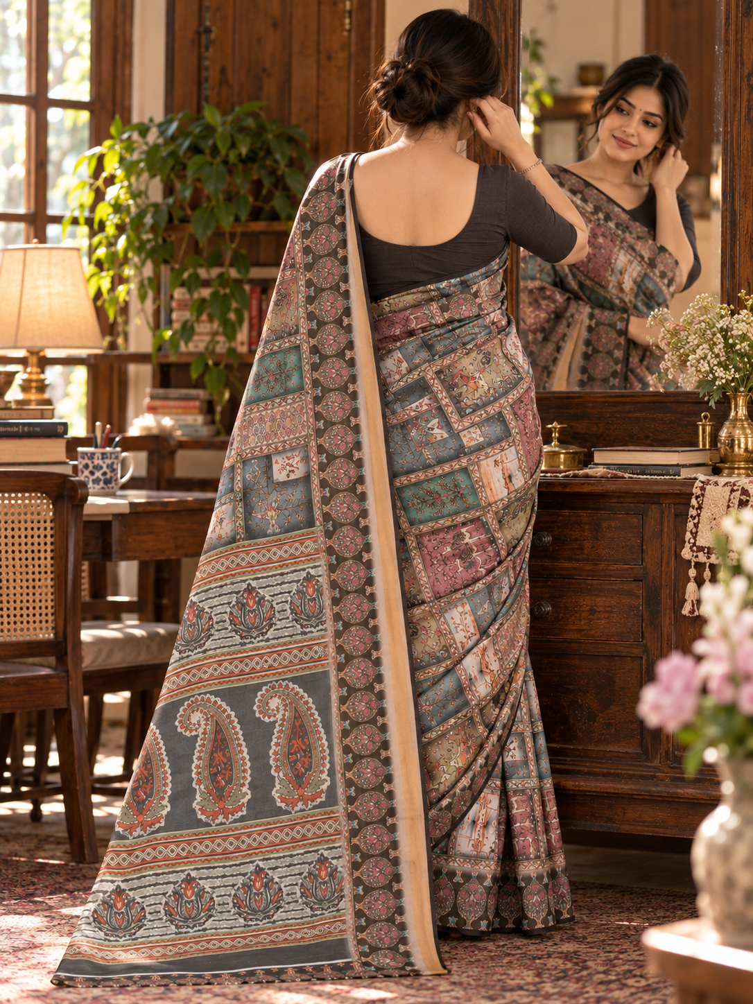 Charcoal & Rose Patchwork Print Madhubani Arts Satin Saree |Kancholika - Image 3