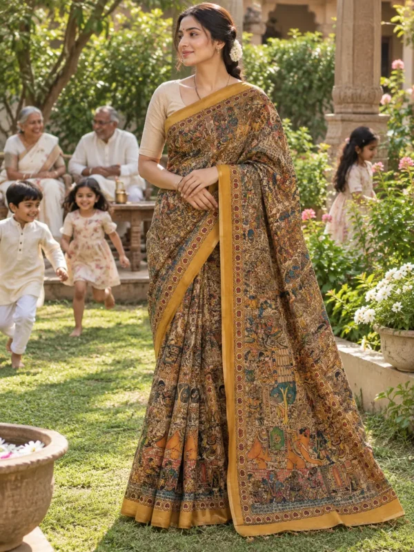 Mustard Yellow Handcrafted Khadi Tussar Saree with Traditional Motifs |Kancholika