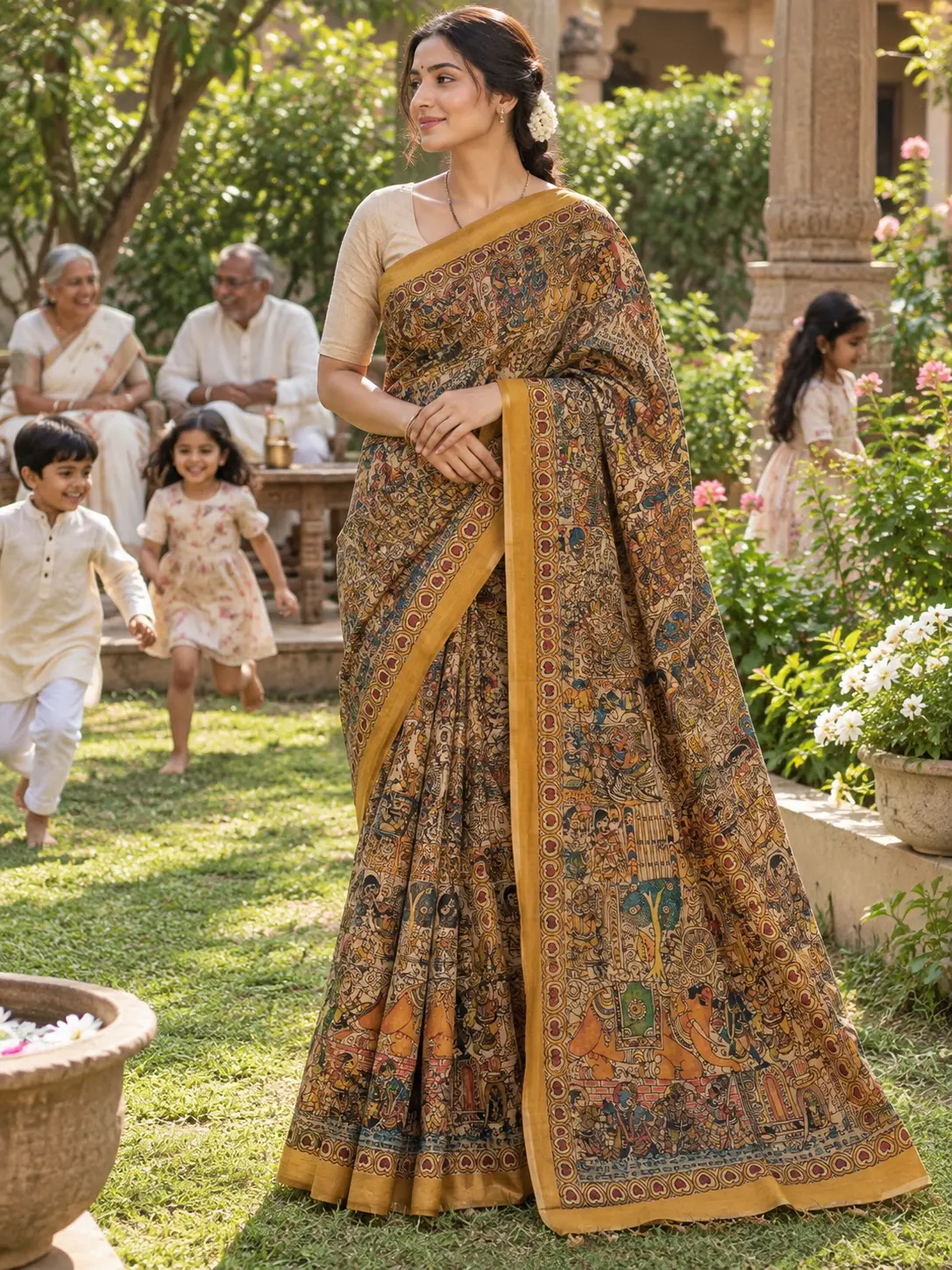 Kancholika mustard yellow handloom khadi tussar saree highlighting callouts for natural dyes, hand-spun threads, and traditional craft details.