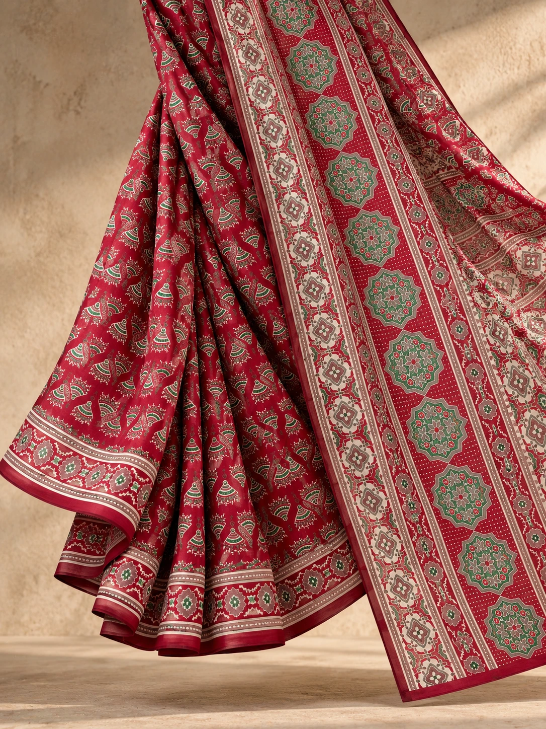 Rich Red & Green Block-Printed Cotton-Linen Saree | Kancholika - Image 3