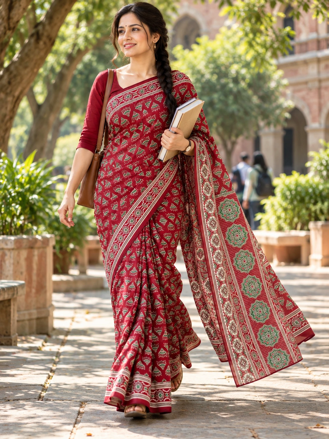 Rich Red & Green Block-Printed Cotton-Linen Saree | Kancholika - Image 4