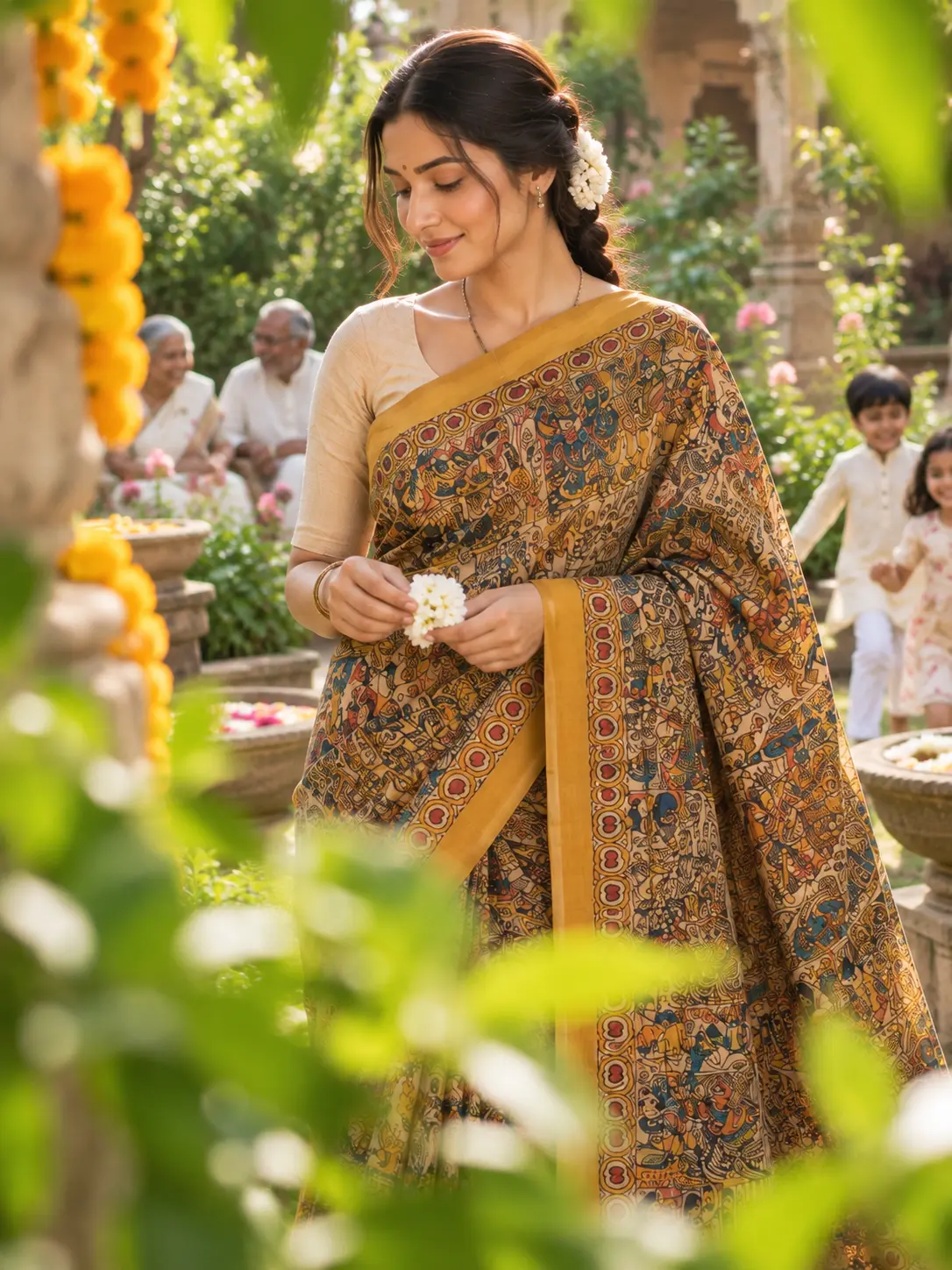Mustard Yellow Handcrafted Khadi Tussar Saree with Traditional Motifs |Kancholika - Image 2