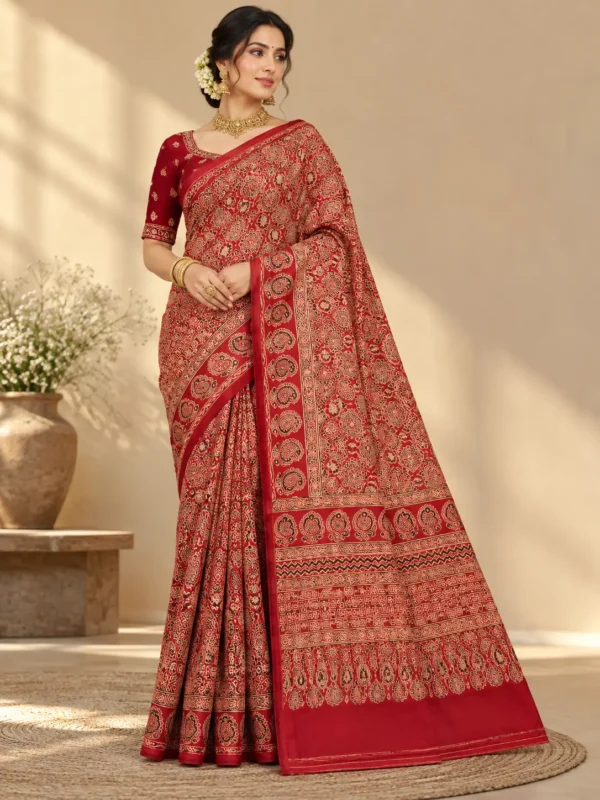 Crimson Red Authentic Ajrakh Print Saree| Kancholika