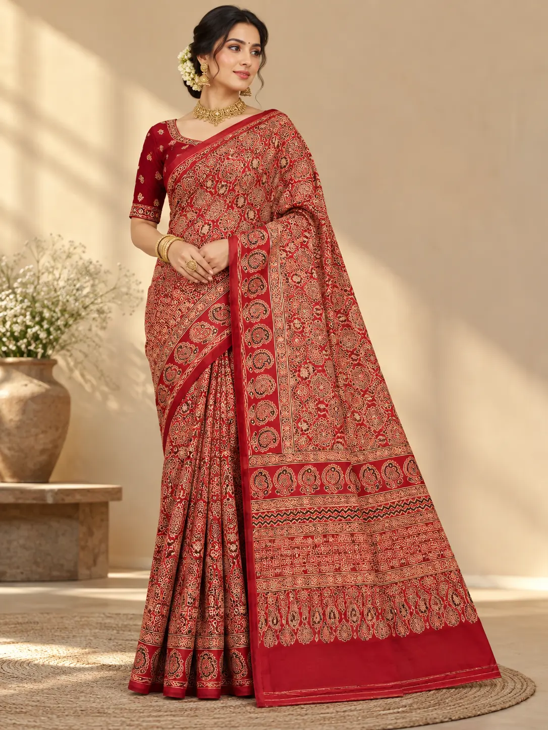 crimson red saree adorned with authentic Ajrakh prints, featuring circular callouts highlighting the comfortable fabric, beautiful border details, and traditional motifs.