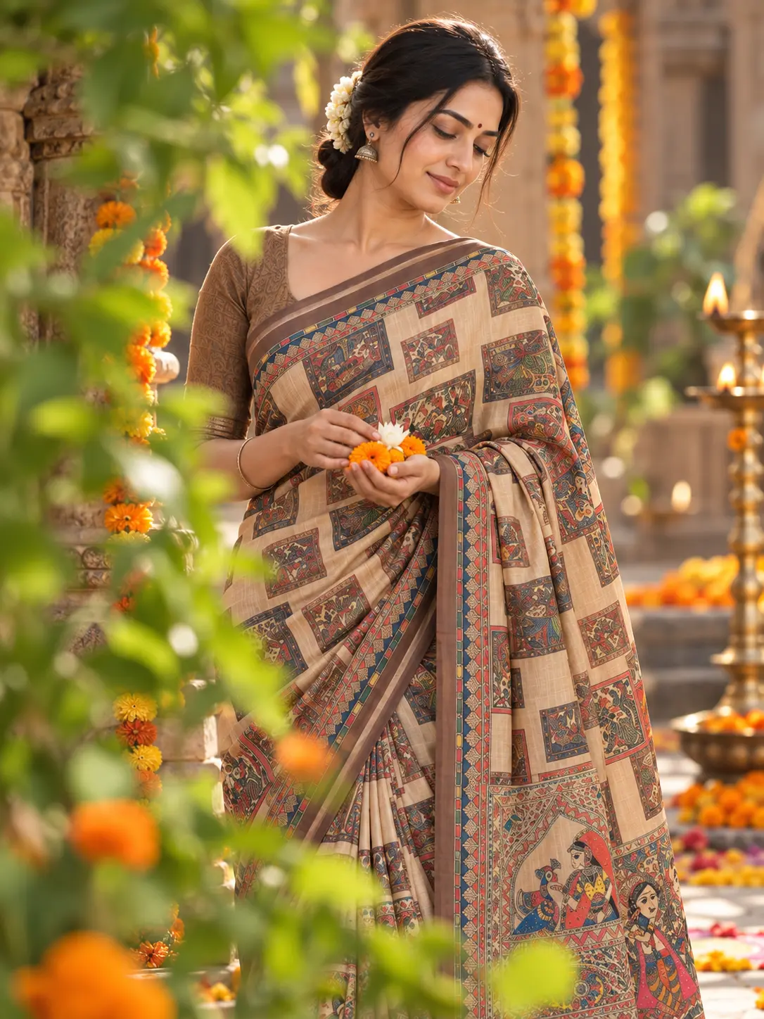 Beige Heritage Tushar Print Silk Madhubani Art Saree |Kancholika - Image 2