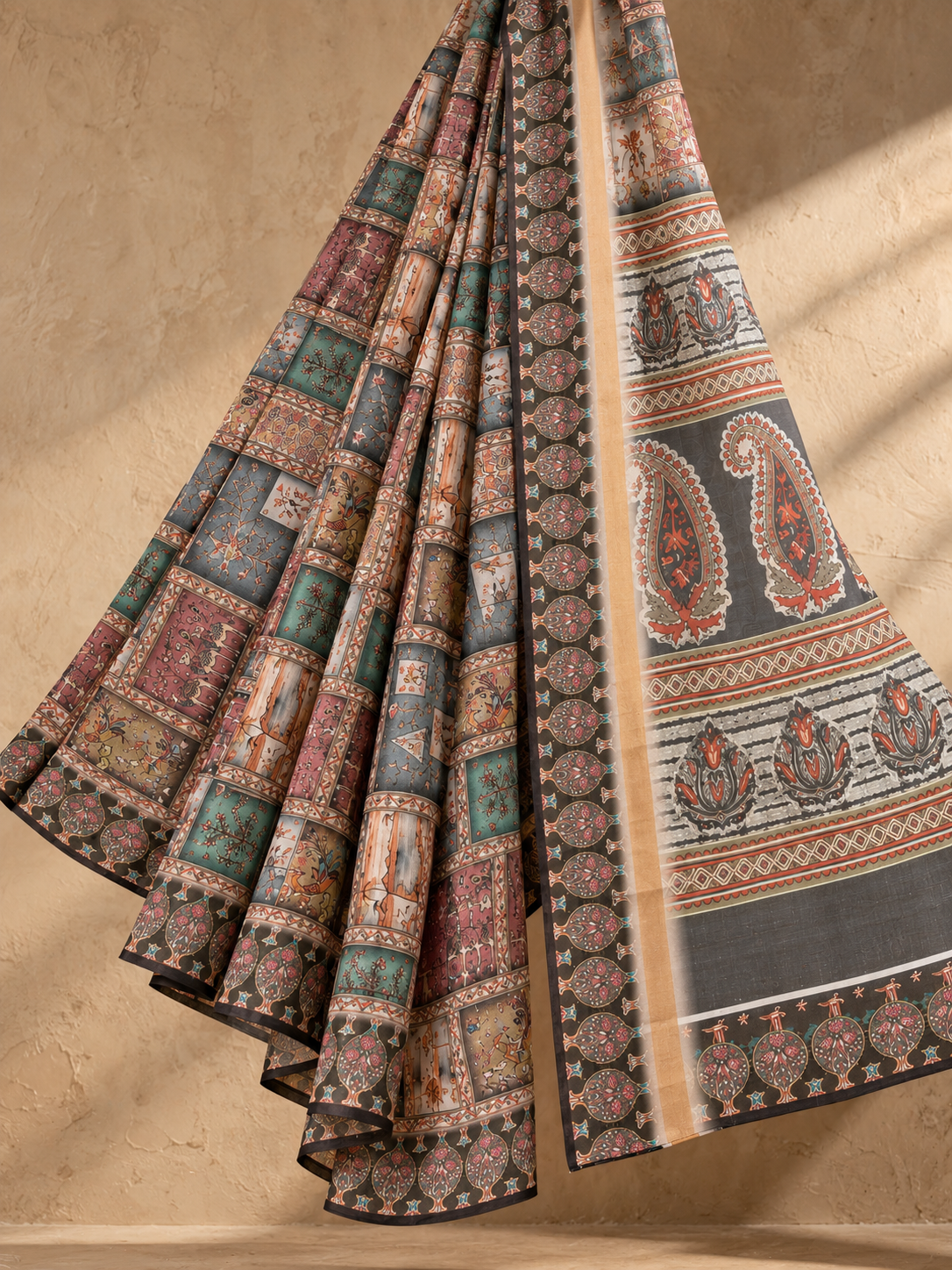 Charcoal & Rose Patchwork Print Madhubani Arts Satin Saree |Kancholika - Image 4
