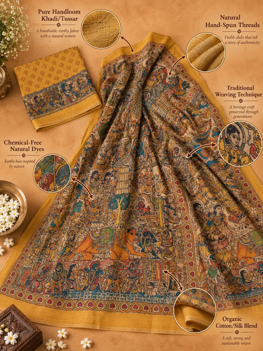 Mustard Yellow Handcrafted Khadi Tussar Saree with Traditional Motifs |Kancholika - Image 3