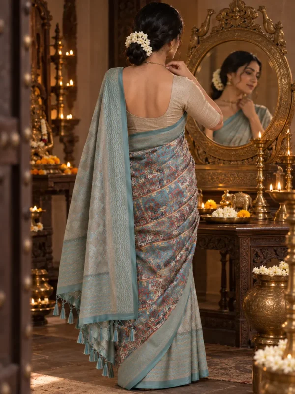 Kancholika Sky Blue Handcrafted Floral Linen Saree with Tassels |Kancholika