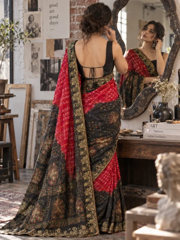 Black & Red Bandhani Print Saree with Traditional Floral Border|Kancholika