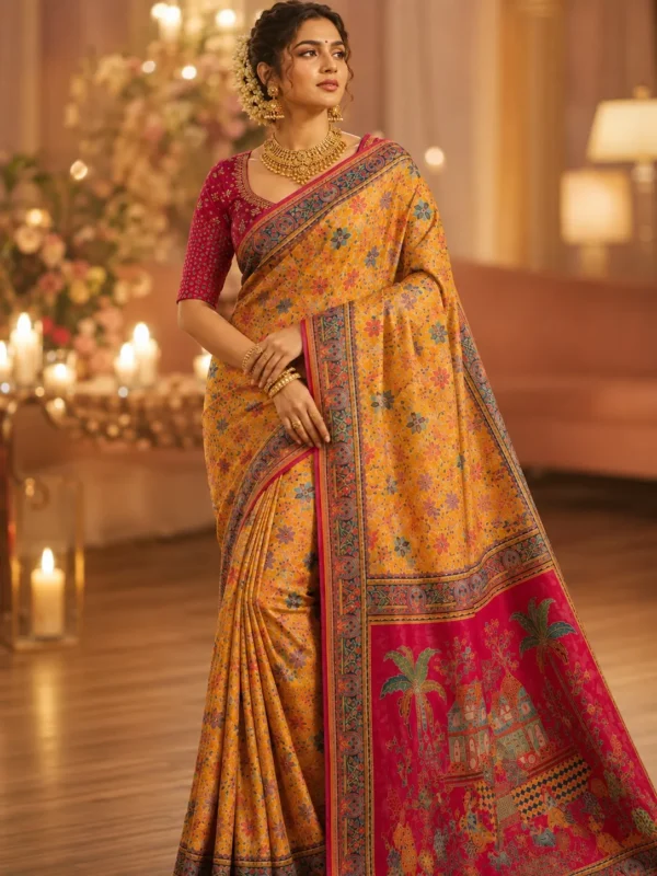 Mustard & Pink Floral Pashmina Saree| Kancholika
