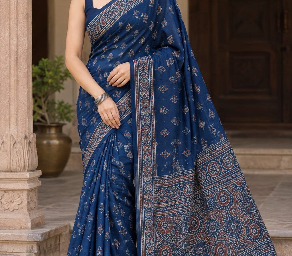 wearing a deep blue block-printed cotton saree with copper motifs, a matching sleeveless blouse, and traditional silver earrings.