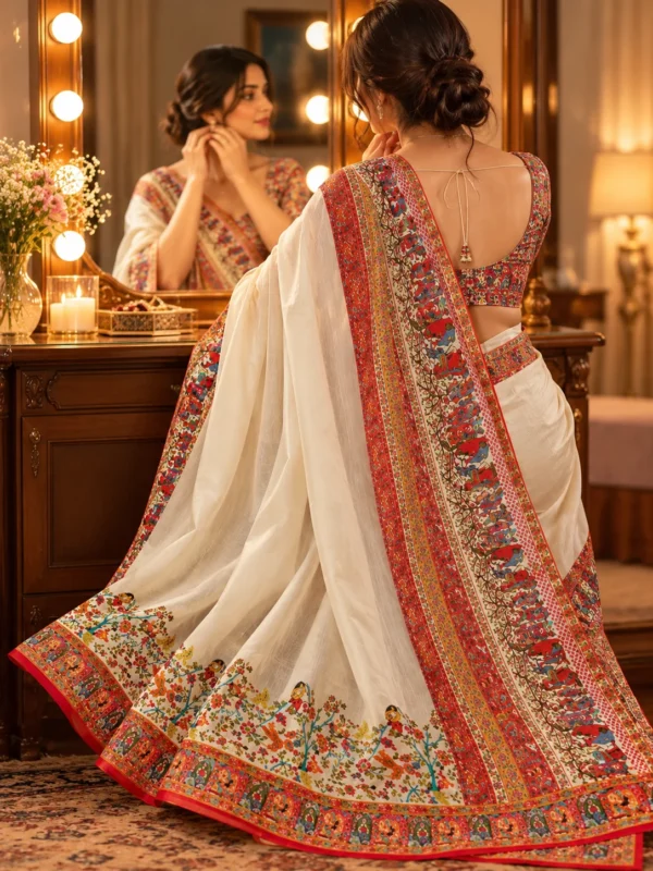 Off-White & Red Narrative Print Pashmina Saree| Kancholika