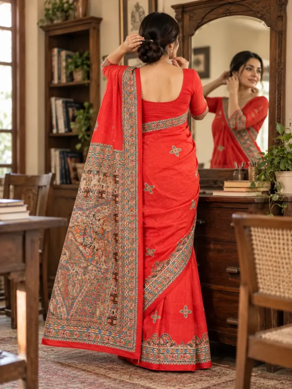 Coral Red Kalamkari Tussar Silk Saree|Kancholika