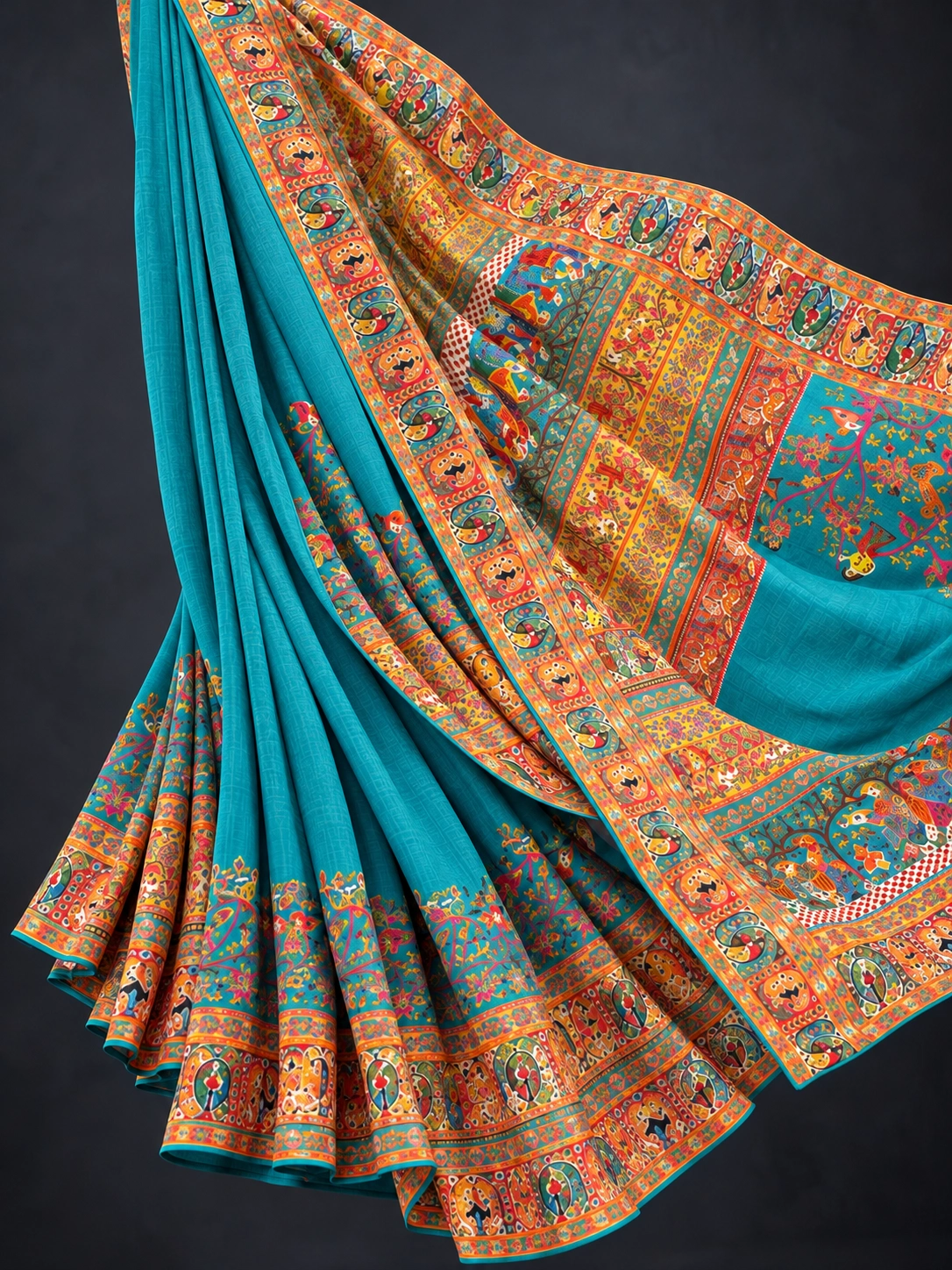 Turquoise Blue Narrative Print Silk Blend Saree | Kancholika - Image 5