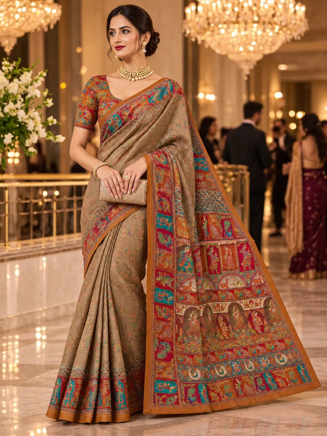 Earthy Beige Narrative Print Silk Blend Saree|Kancholika - Image 7