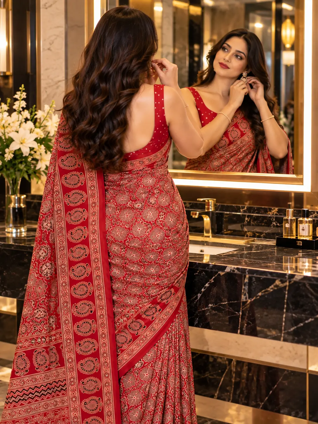 Crimson Red Modal Silk Paisley Print Saree | Kancholika - Image 2