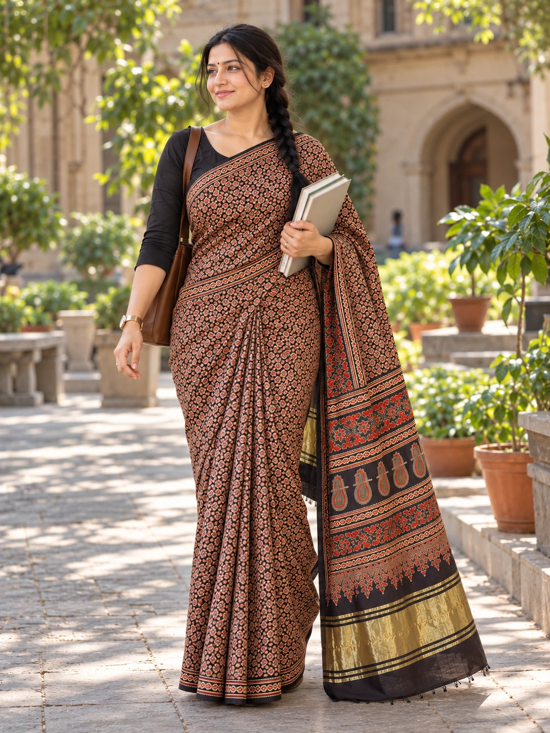 Black & Terracotta Block Print Cotton Saree| Kancholika - Image 4