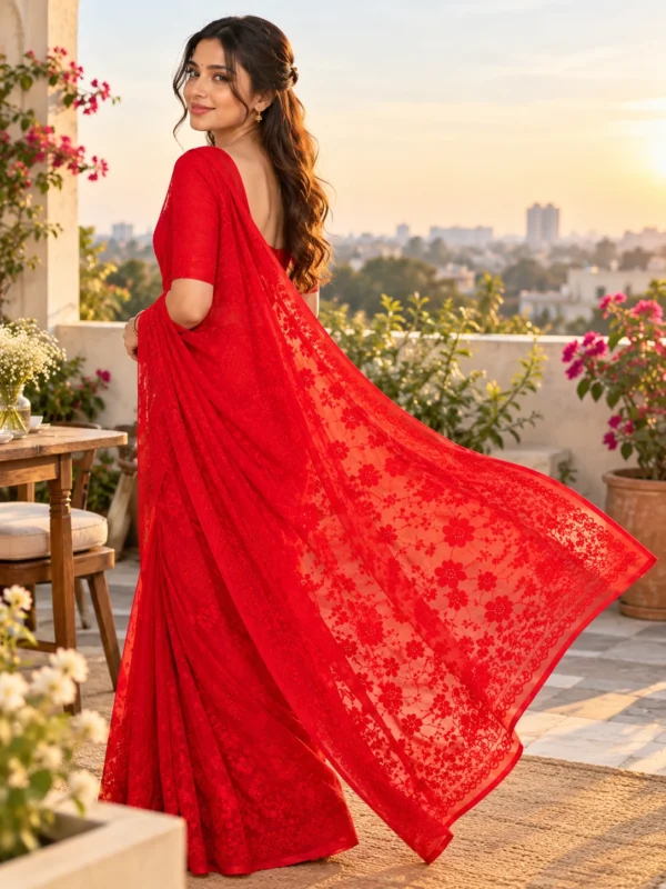 Radiant Red  Chikankari Party Wear Saree| Kancholika