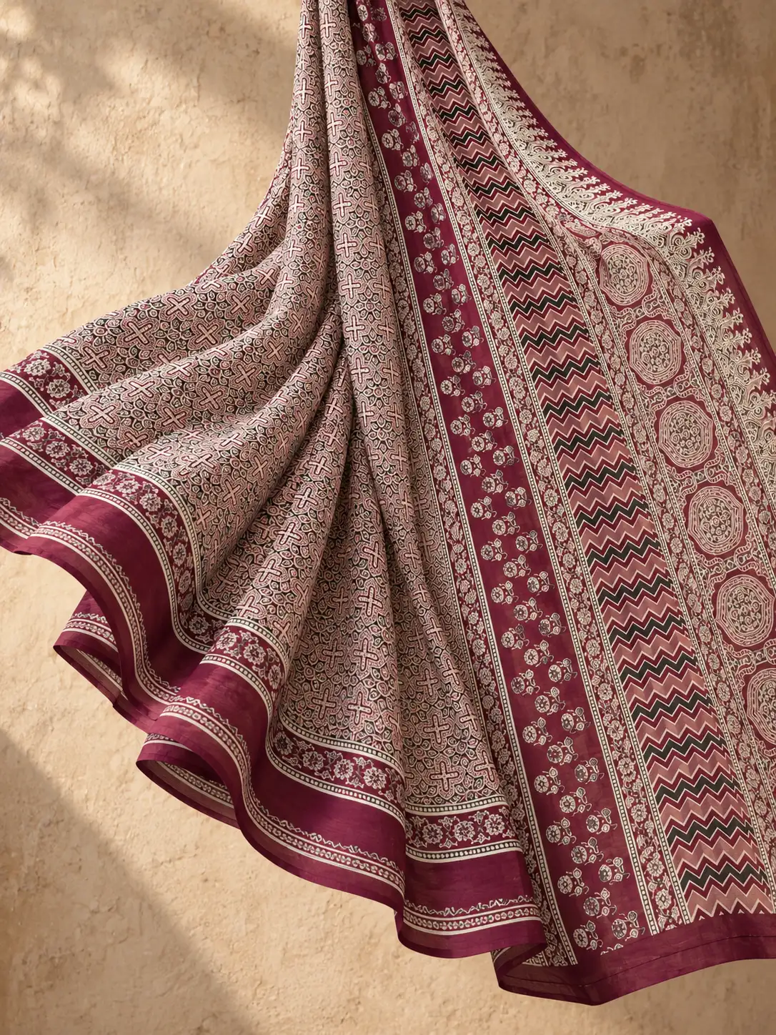 Maroon Ajrakh Satin Silk Saree Hand Block Print| Kancholika - Image 4